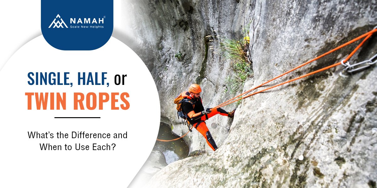 A climber is understanding the difference among Single vs Half vs Twin Ropes while climbing on a mountain