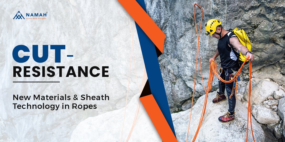 Climber using cut resistant ropes with advanced sheath technology for safety on rocky terrain
