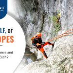 A climber is understanding the difference among Single vs Half vs Twin Ropes while climbing on a mountain
